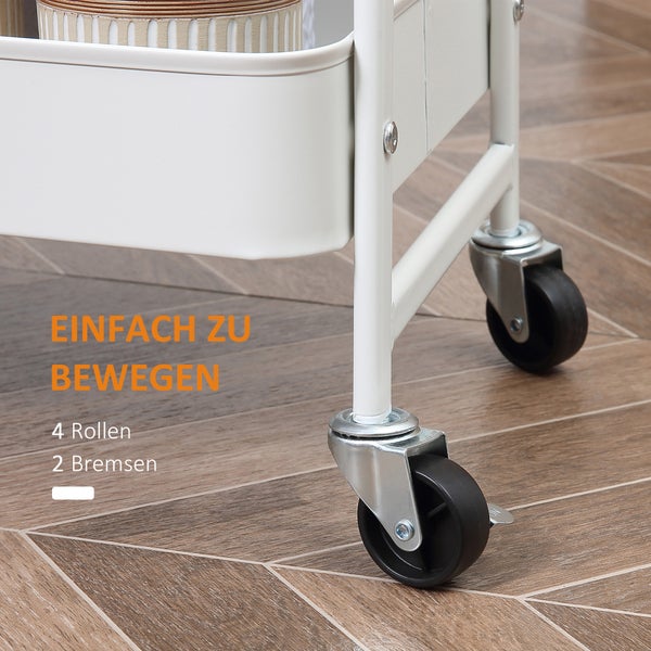 HOMCOM Küchenwagen Metallrollwagen 3-Etagen Metall mit großem Stauraum und Deckel für Küchen und Büro Aufbewahrungswagen Servierwagen Küchenregal mit Rollen Stahl Weiß 45 x 31 x 79,4 cm