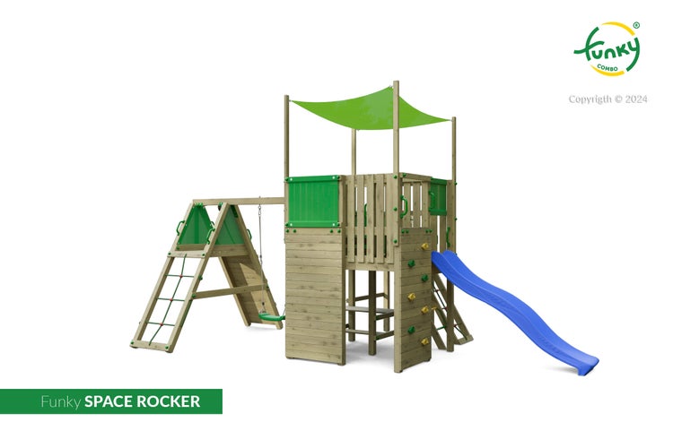 Spielturm aus Holz mit blauer Rutsche, Schaukel, Kletterwand und grünem Textildach.