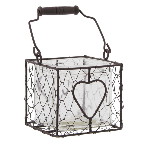 FRANK FLECHTWAREN | Windlicht Herz, METALL, 11 x 11 x 11 cm, GH 20 cm, Glas 10 x 10 x 10 cm, ohne Kerze