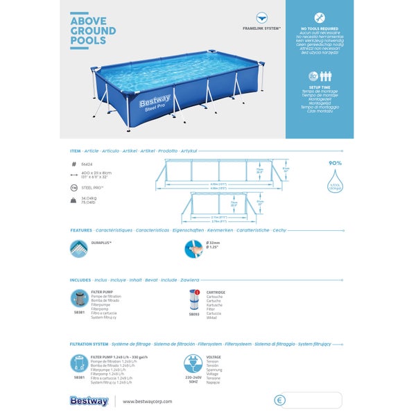 Bestway Aufstellpool Steel Pro rechteckig mit Filterpumpe, Maße 400 mal 211 mal 81 Zentimeter, Fassungsvermögen 5700 Liter, Bestway Logo.