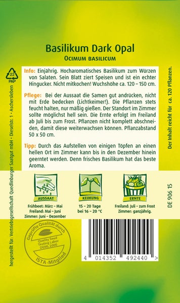 Rückseite der Saatgutpackung Basilikum Dark Opal mit Informationen zu Aussaat, Keimung, Ernte, Pflegehinweisen und ISTA-Qualitätssiegel.