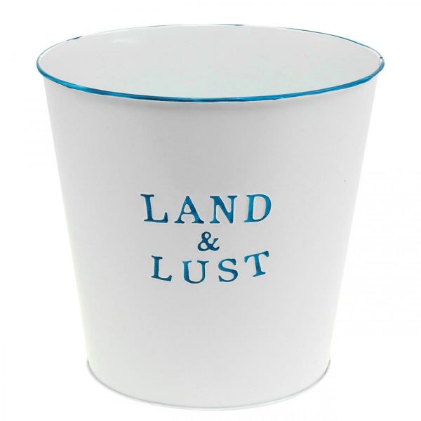 Weißer Pflanztopf mit der Aufschrift Land und Lust