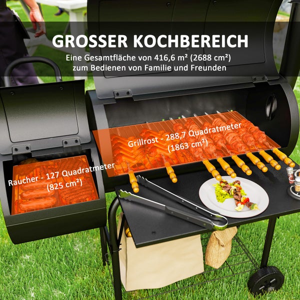Outsunny Holzkohlegrill aus Stahl BBQ Smoker mit Deckel Thermometer Räder Ablage fahrbar Grillwagen mit Luftzufuhr Kohlewanne, Kohlegrill Kohlegrillwagen für Barbeque Camping, Garten 109x60x120 cm