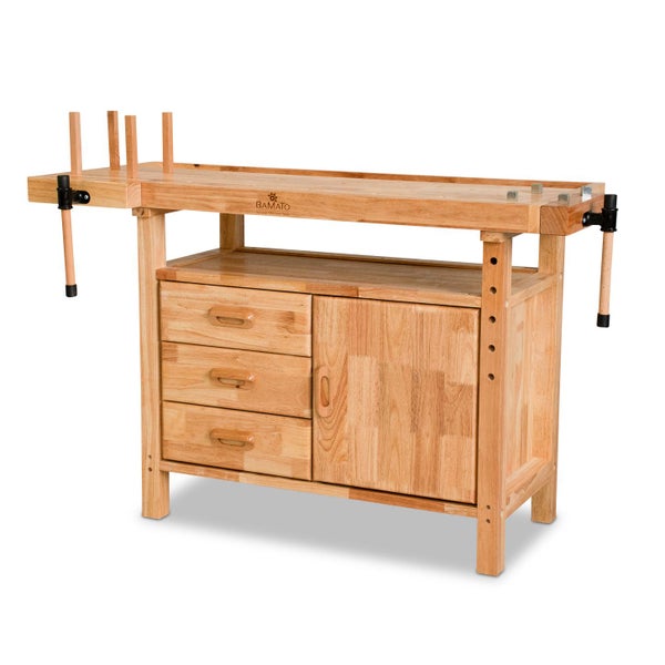 Werkbank aus Holz mit Schubladen und Schraubstöcken