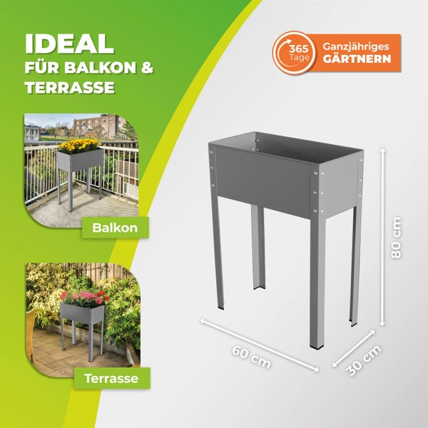 Hochbeet aus Metall für Balkon und Terrasse, Maße 60 mal 30 mal 80 Zentimeter, geeignet für ganzjähriges Gärtnern.
