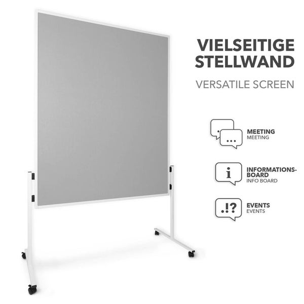 Mobile vielseitige Stellwand mit grauer Oberfläche, weißem Rahmen und Rollen für Meetings, Information und Events.