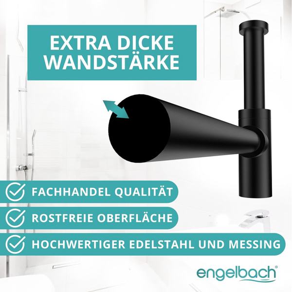 Engelbach® Design Siphon für Waschbecken & Waschtisch - Mit Reinigungsöffnung - 1 1/4 - inkl. Gummimanschette und Anleitung -Schwarz