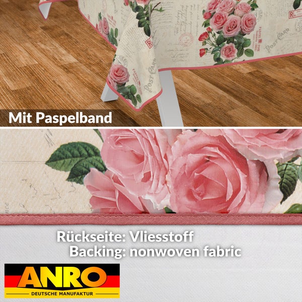 Tischdecke mit Rosenmuster und Paspelband sowie Anro Deutsche Manufaktur Logo