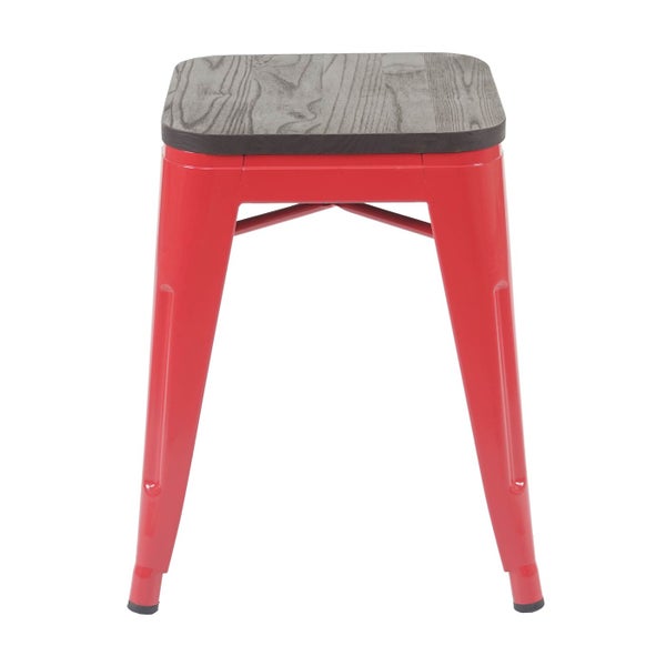 Roter Hocker mit Holzsitzfläche