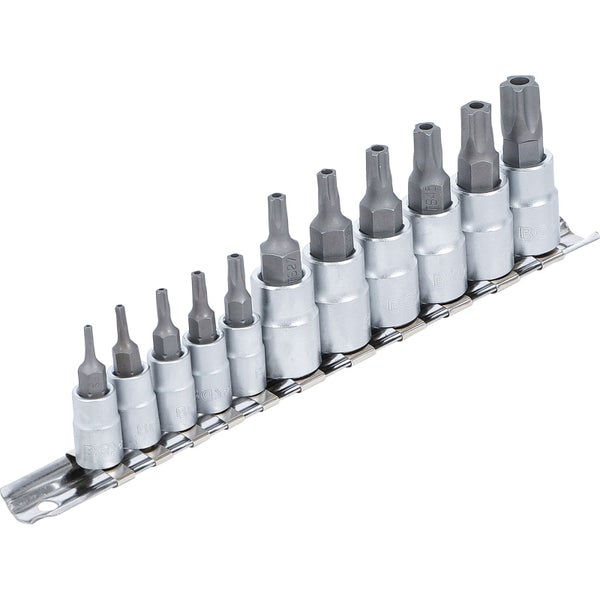 Torx-Bit-Satz mit verschiedenen Größen auf einer Metallschiene