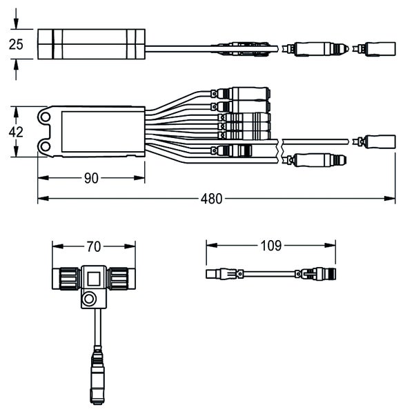 Technische Zeichnung mit Maßen für einen Kabelverteiler. Gehäuse 90 mal 42 mal 25 Millimeter, Gesamtlänge 480 Millimeter.