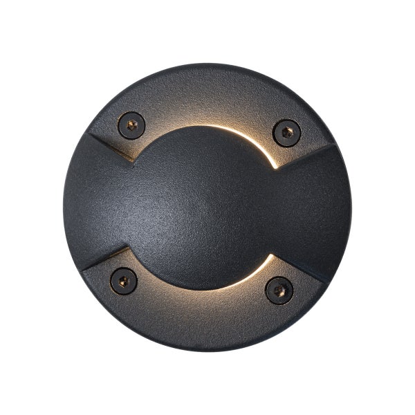 Runde Boden-Einbauleuchte für den Außenbereich in Schwarz mit zwei Lichtauslässen und vier Inbusschrauben.