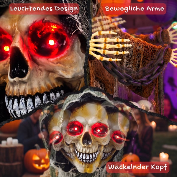 Halloween Skelett Dekoration mit Leuchteffekten, beweglichen Armen und wackelndem Kopf für gruselige Party Dekoration.