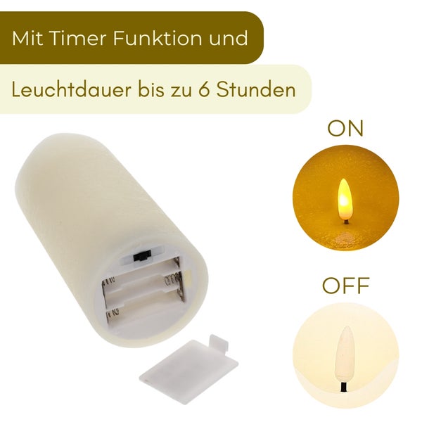 LED-Kerze mit Timer-Funktion für 6 Stunden Leuchtdauer, Ansicht des Batteriefachs und Demonstration der Ein- und Ausschaltung.