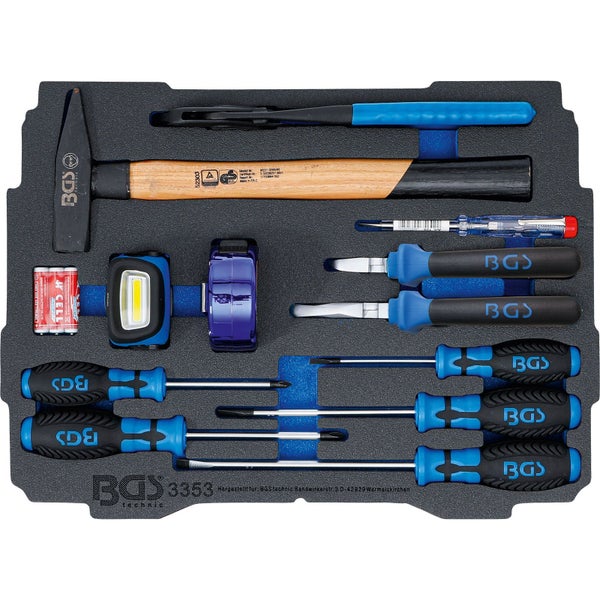 BGS Werkzeugsatz in Schaumstoffeinlage mit Hammer, Schraubendrehern, Lampe und Zubehör