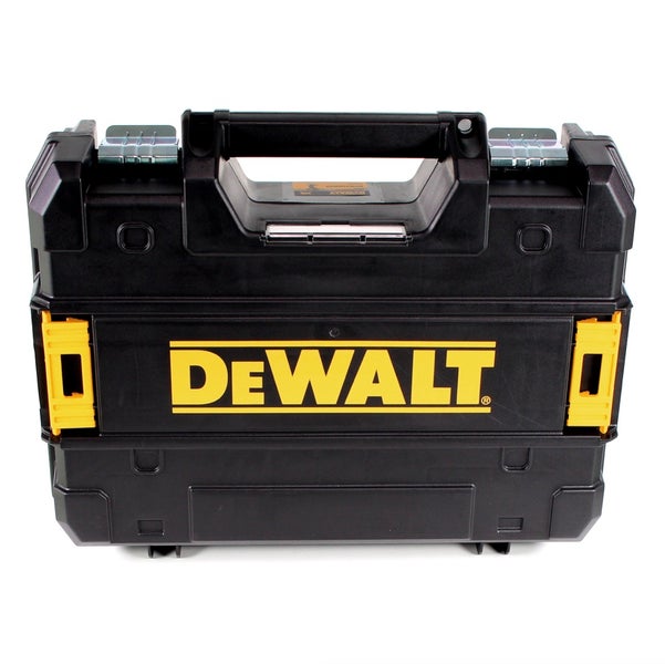 Robuster DeWALT Werkzeugkoffer aus schwarzem Kunststoff mit DeWALT Logo, Tragegriff und seitlichen Verriegelungen.