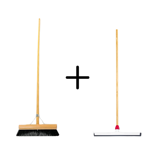 Kehrbesen und Abzieher mit Holzstiel