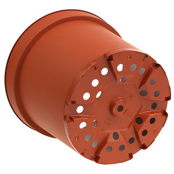 Pflanztopf aus Kunststoff in Terrakotta mit Drainagelöchern am Boden.