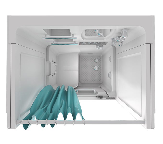 Draufsicht auf eine kompakte Duschkabine mit türkisfarbenem Vorhang, Haltegriffen, Armaturen und strukturiertem Boden.