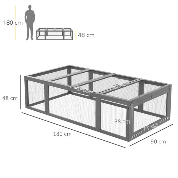 PawHut Hasenstall Kaninchenstall aus Tannenholz Winterfest Hasenkäfig mit aufklappbar Dach 180x90x48 cm Kaninchenkäfig Outdoor Kleintierstall für Kleintiere Hasen Kaninchen Meerschweinchen Grau