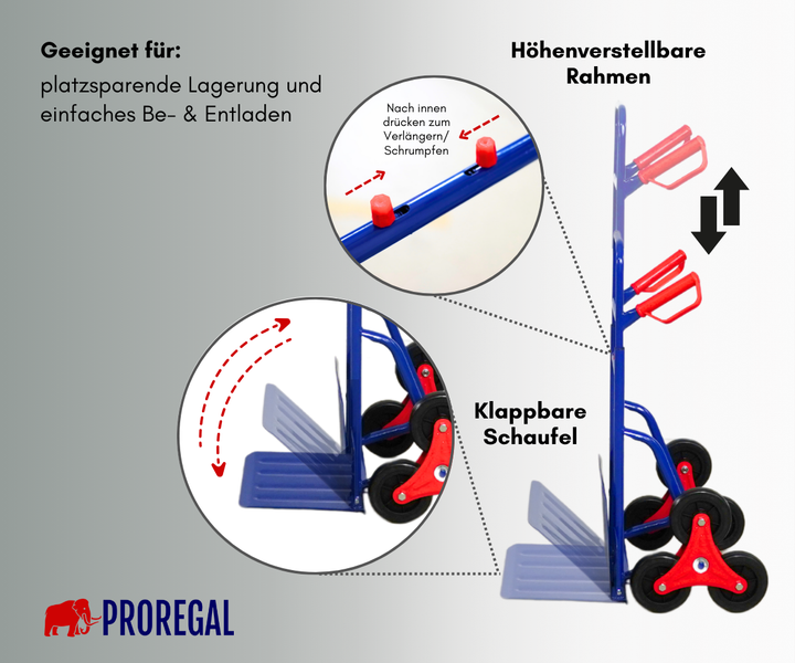 Treppensteiger-Sackkarre mit höhenverstellbarem Rahmen, klappbarer Schaufel und Sternrädern für platzsparende Lagerung. Proregal Logo.