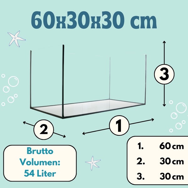 Aquarium mit den Maßen 60 x 30 x 30 cm und einem Bruttovolumen von 54 Litern