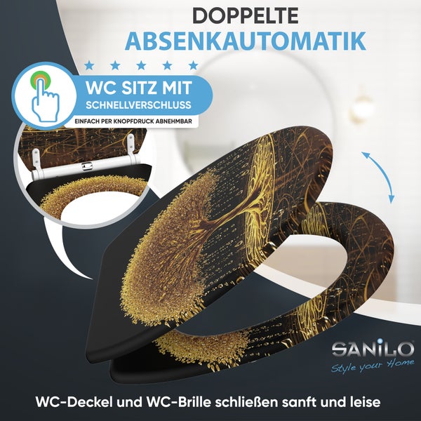 Sanilo WC Sitz mit Absenkautomatik und Schnellverschluss, Design Baum des Lebens, abnehmbarer Toilettendeckel für einfache Reinigung.