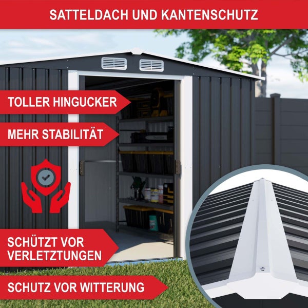 Metall-Gerätehaus mit Satteldach, Kantenschutz, Lüftungsschlitzen und Regalsystem im Innenraum.