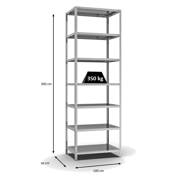 PROREGAL Fachbodenregal Schraubsystem Heavy-Duty Grundregal HxBxT 300 x 100 x 60 cm 7 Ebenen Fachlast 350 kg Beidseitig Nutzbar Verzinkt