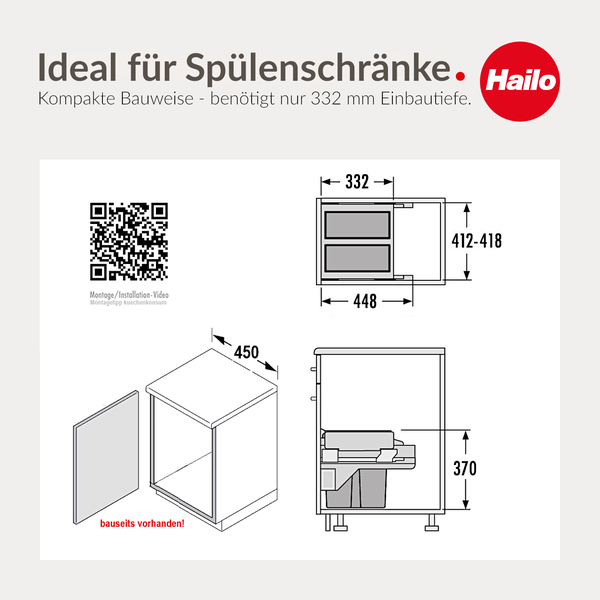Maßzeichnung für ein Hailo Abfallsystem für Spülenschränke mit Einbautiefe von 332 Millimeter und Höhe von 370 Millimeter. Hailo Logo.