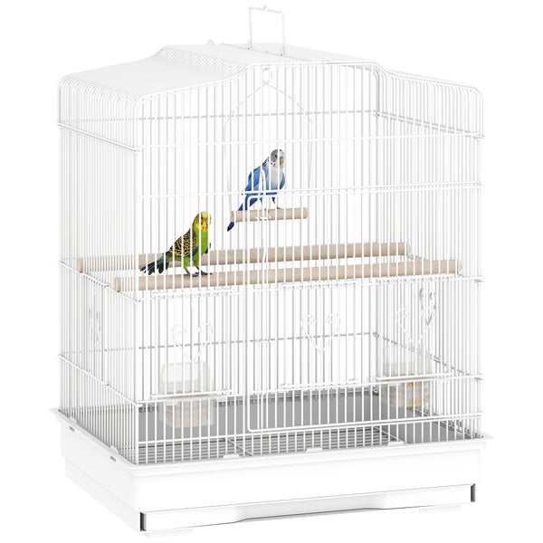 Weißer Vogelkäfig aus Metalldraht mit zwei Wellensittichen auf Sitzstangen aus Holz, Kunststoffboden und Futternäpfen.