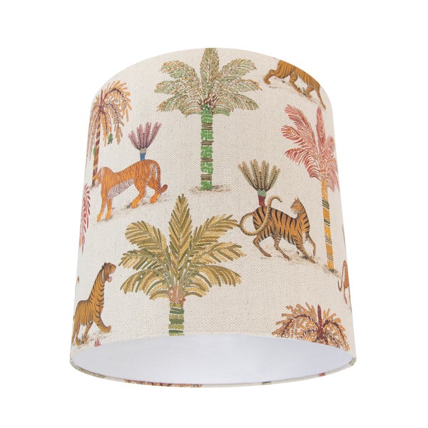 Lampenschirm mit Tigermuster und Palmenmotiv auf Textilgewebe