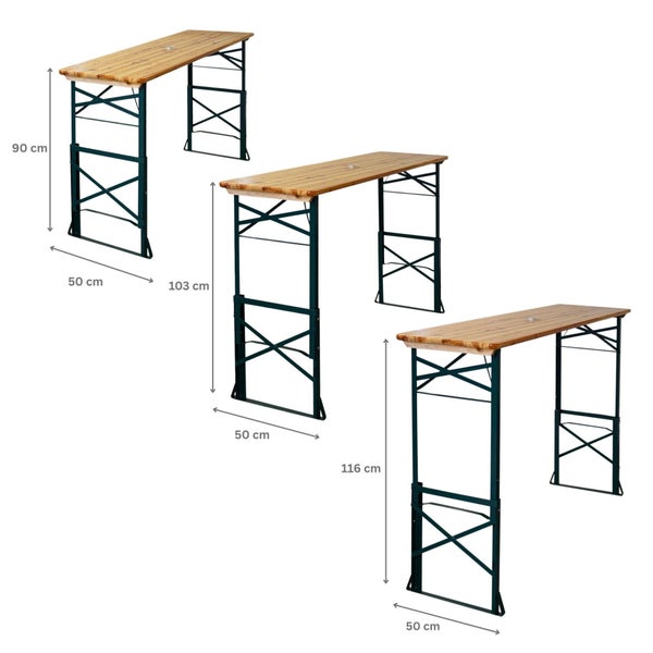 Drei Festzeltgarnituren mit unterschiedlichen Höhenangaben