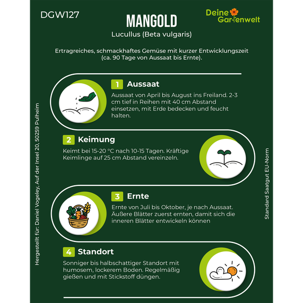 Infografik zum Anbau von Mangold Lucullus: Aussaat April bis August, Keimung bei 15 bis 20 Grad, Ernte Juli bis Oktober. Deine Gartenwelt Logo.