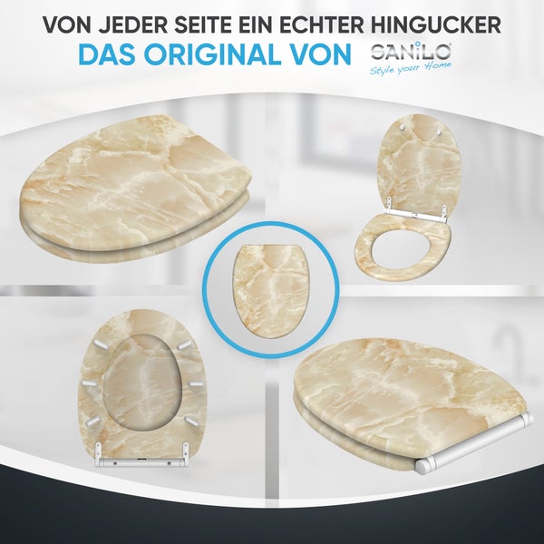 Sanilo WC-Sitz mit Marmor-Optik in verschiedenen Ansichten: geschlossen, geöffnet und Ansicht von unten. Sanilo Logo.