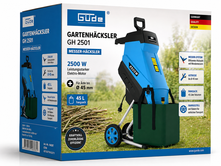 Guede Gartenhäcksler GH 2501 mit 2500 Watt Elektromotor für Äste bis 45 Millimeter Durchmesser und 45 Liter Fangsack auf dem Produktkarton.