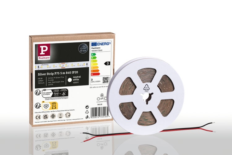 Paulmann LED-Streifen Silver Strip P75, 5 Meter, Neutralweiß, 4000 Kelvin, IP20, 24 Volt, inklusive Verpackung und Spule.