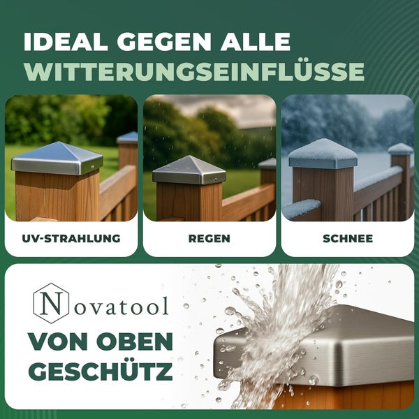 Novatool Logo. Pfostenkappe aus Edelstahl für Holzzaunpfosten, bietet Schutz vor ultravioletter Strahlung, Regen und Schnee.