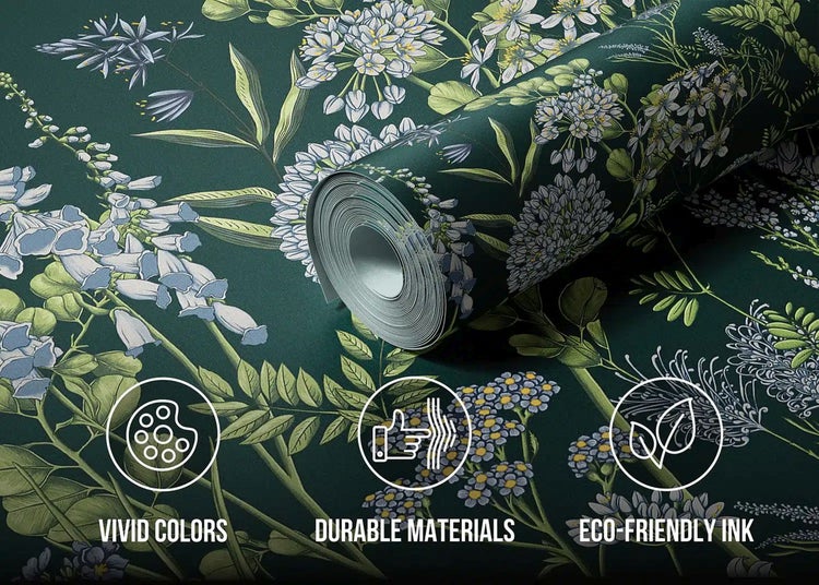 Vliestapete mit Blumenmuster. Lebendige Farben, strapazierfähige Materialien und umweltfreundliche Tinte.