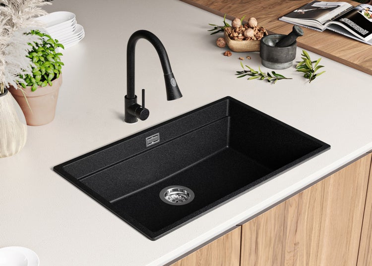PRIMAGRAN Spülbecken Anthrazit 76x47cm, Granitspüle 1 Becken + Ablauf-Set + Aufrollbare Abtropffläche, Küchenspüle ab 80er Unterschrank - Praga Slim