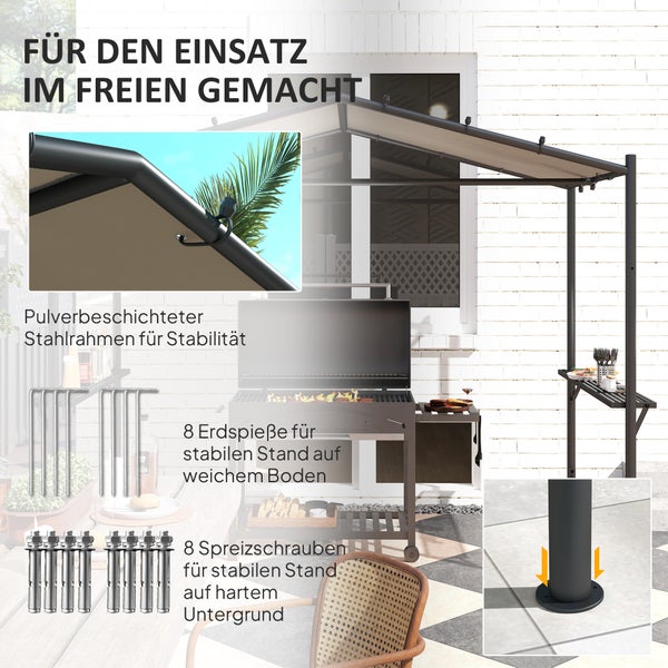 Outsunny Grillpavillon 277 x 149 x 230 cm wasserdicht flammhemmend Gartenpavillon mit Seitenregalen, Gartenlauben mit UV-Schutz, BBQ Pavillon aus Stahl, Gartenzelt Grillzelt für Party BBQ, Khaki