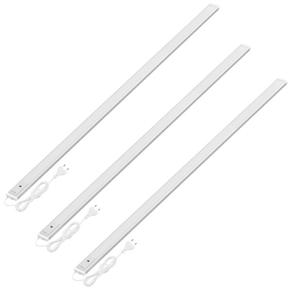 Dreier-Set flache LED-Unterbauleuchten in Weiß mit Netzstecker und Zuleitungskabel.