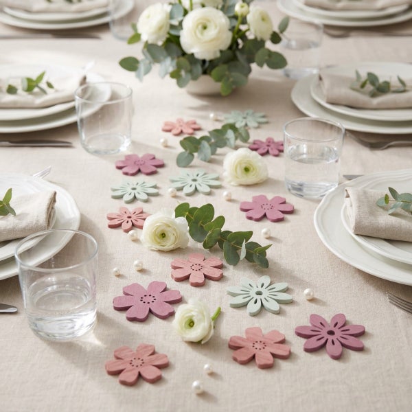 Festlich gedeckter Tisch mit hölzernen Blumenstreuteilen als Tischdekoration, kombiniert mit Eukalyptuszweigen, Ranunkeln und Perlen auf Tischdecke
