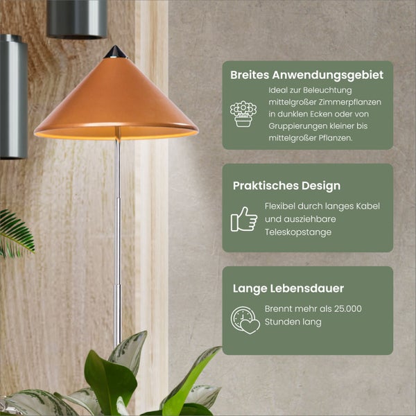 Parus by Venso SUNLiTE 7W LED Vollspektrum Pflanzenlampe Kupfer, Indoor Plants Pflanzen Beleuchtung, mit ausziehbarem Teleskopstab, Parus Pflanzenlampe für kleine und mittelgroße Zimmerpflanzen