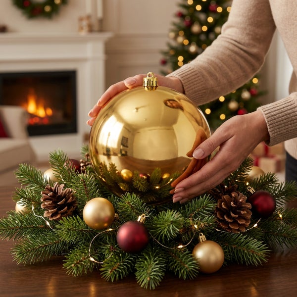 Person dekoriert einen weihnachtlichen Adventskranz mit Tannenzweigen, Zapfen und glänzenden Weihnachtskugeln vor einem Kamin.