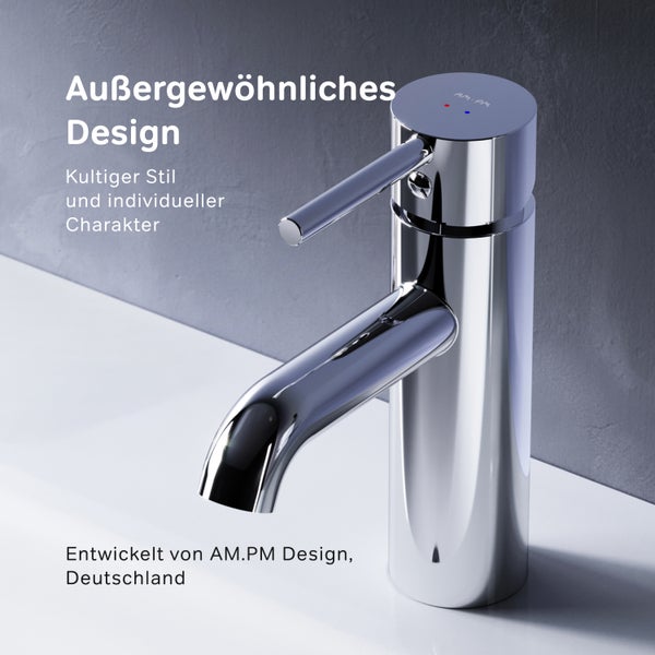 Moderne Einhebel Waschtischarmatur von AM.PM mit zylindrischem Korpus und seitlichem Bedienhebel für das Badezimmer.