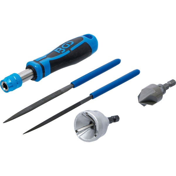 BGS Entgrater-Set mit blau-schwarzem Handgriff, zwei Nadelfeilen und zwei Senker-Bits.