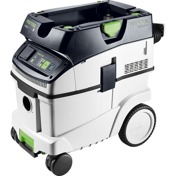 Festool Absaugmobil Cleantec mit weißem Gehäuse, schwarzen Bedienelementen und Rollen für den mobilen Einsatz.