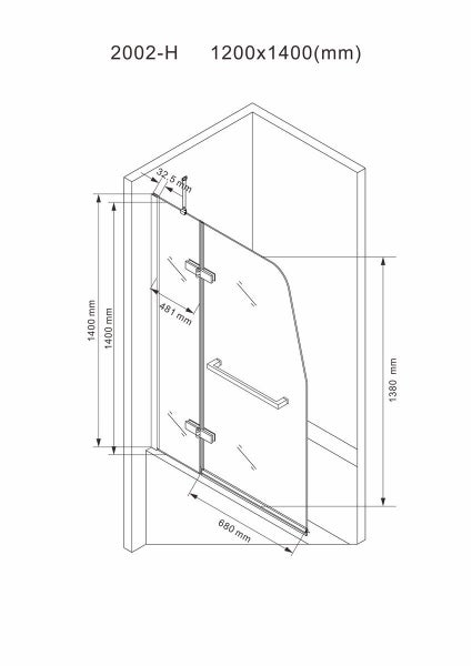 Technische Zeichnung einer Duschkabine mit den Maßen 1200x1400 Millimeter.