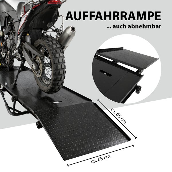 Motorrad auf Auffahrrampe mit abnehmbarer Rampe und den Maßen circa 65 cm mal circa 68 cm